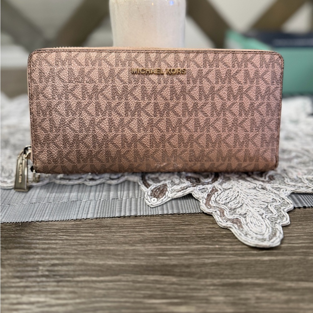 Michael Kors Metallic Rose Gold Signature Zip-Around Wallet